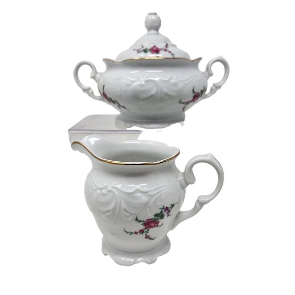 Vintage Wawel Royal Vienna Collection Sugar Bowl with Lid & Creamer White Floral - Picture 5 of 16